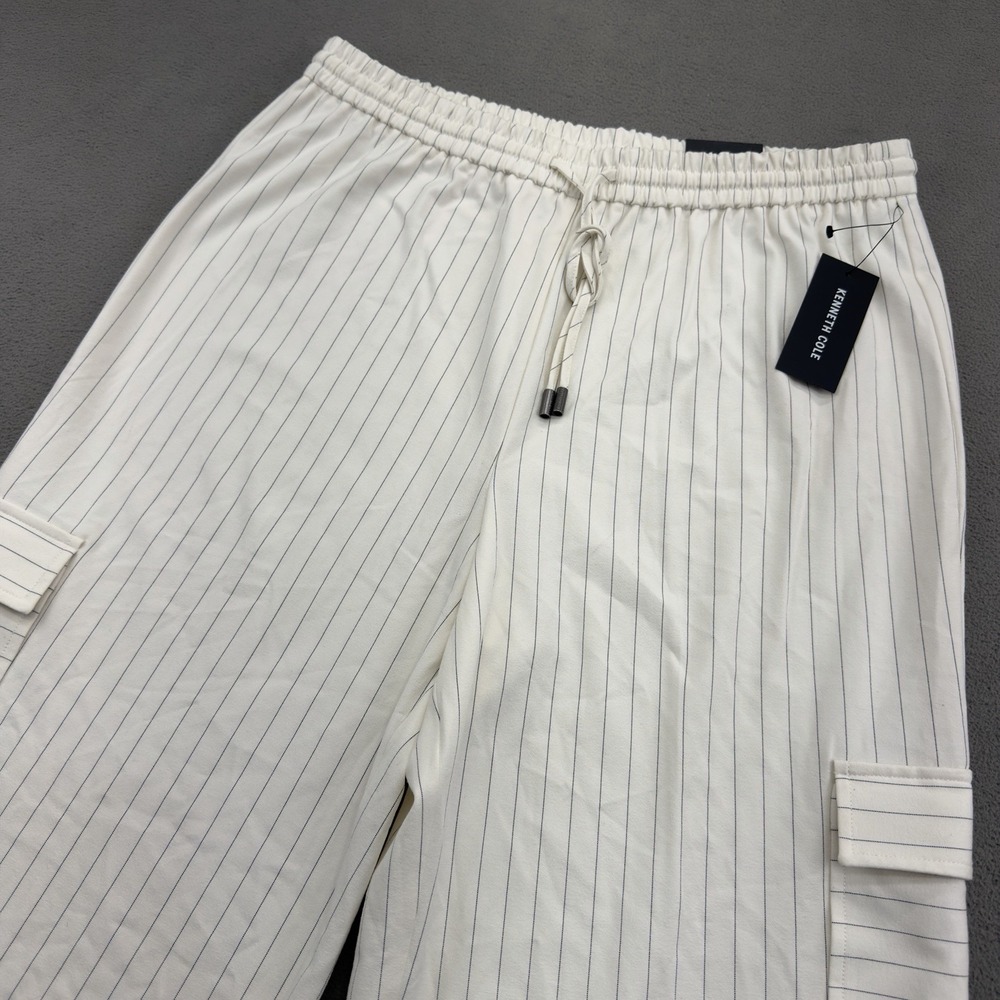 Kenneth Cole High Rise Wide Leg Cargo Pants Womens L Off White Black Stripe $99